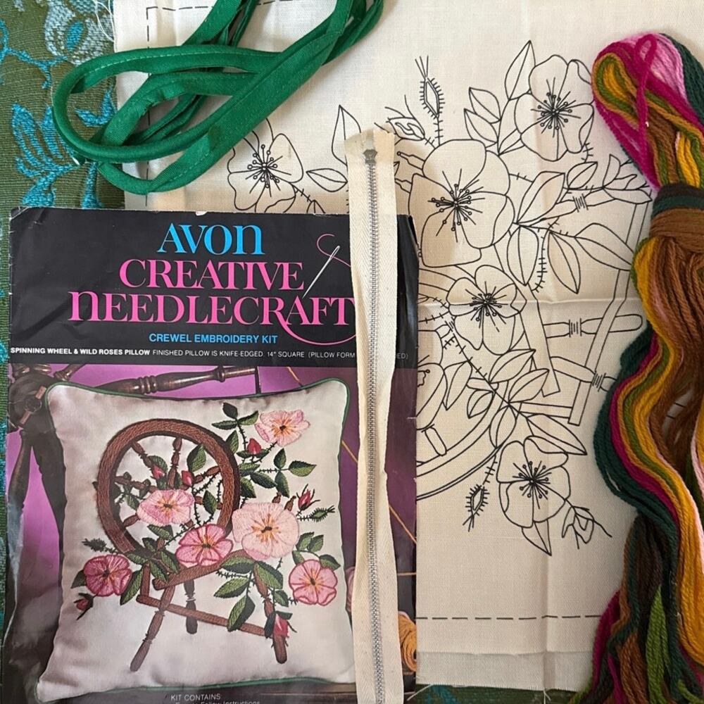 Vintage Avon Crewel Kit • Spinning Wheel & Wild Roses • 1975 Pillow Project